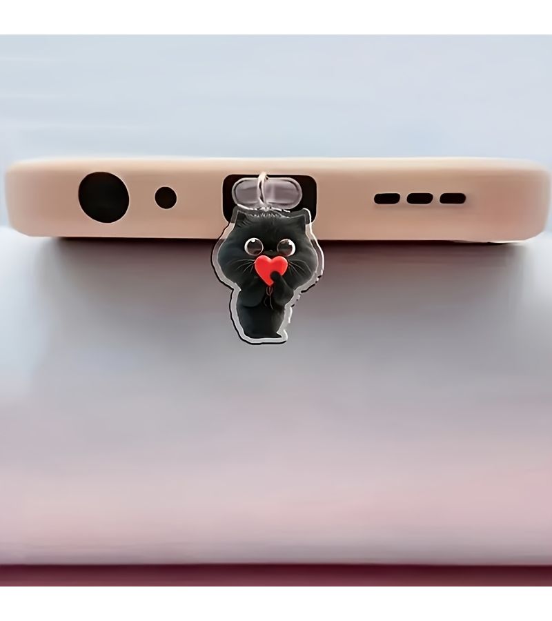 غطاء غبار أكريليك ثنائي الأبعاد على شكل قطة سوداء لهواتف iPhone ومنافذ Type-C (إكسسوار واقي) - Image 2