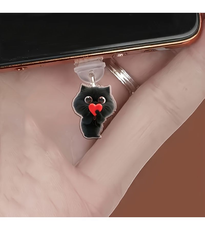 غطاء غبار أكريليك ثنائي الأبعاد على شكل قطة سوداء لهواتف iPhone ومنافذ Type-C (إكسسوار واقي) - Image 3