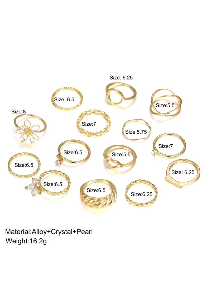 Huitich 14-Piece Gold-Tone Alloy Ring Set with Crystal & Pearl  - Image 2