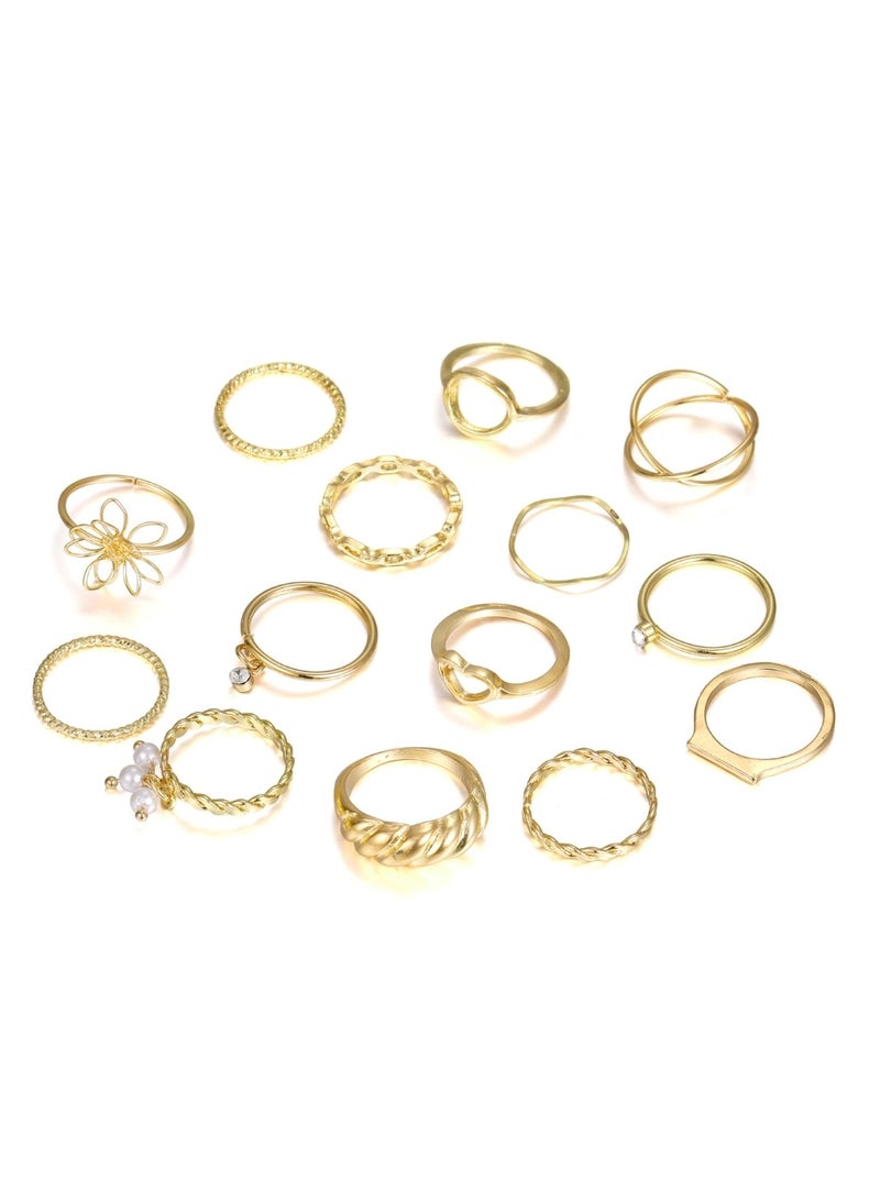 Huitich 14-Piece Gold-Tone Alloy Ring Set with Crystal & Pearl  - Image 1