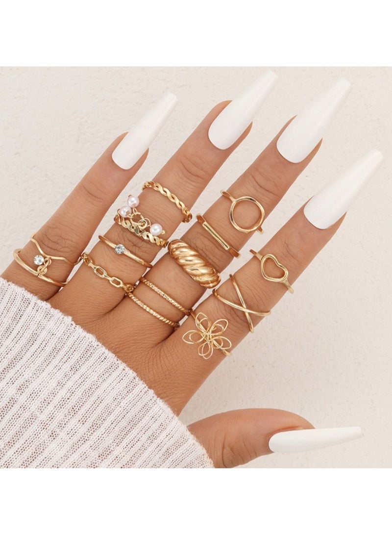Huitich 14-Piece Gold-Tone Alloy Ring Set with Crystal & Pearl  - Image 3