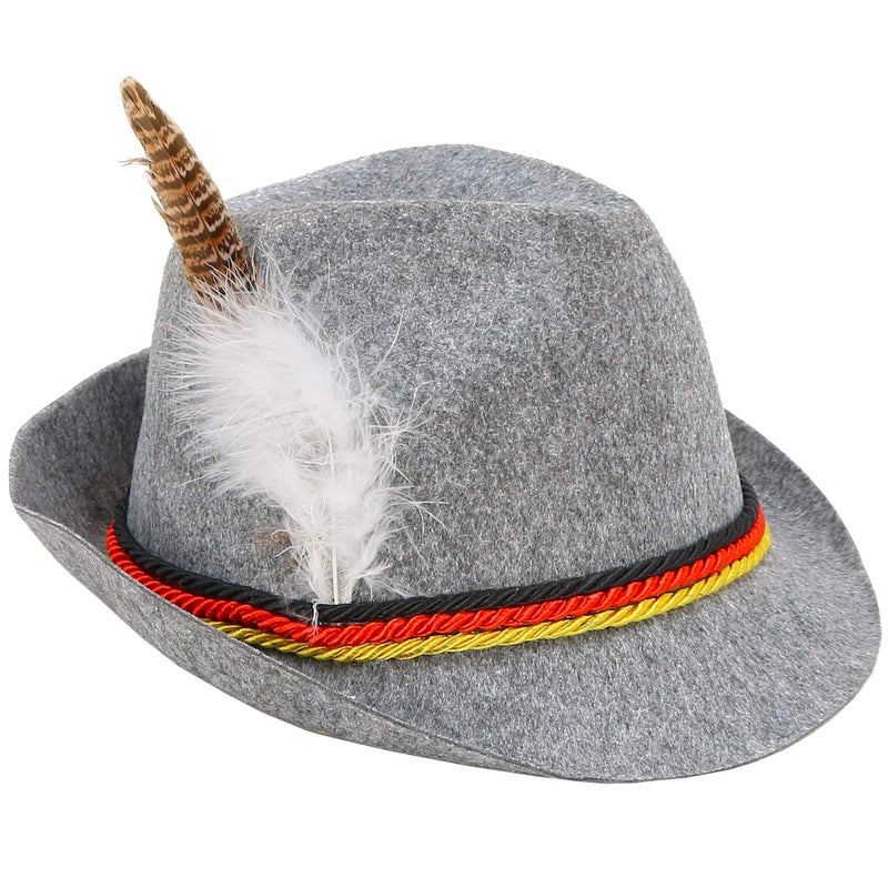 Skeleteen German Oktoberfest Alpine Fedora - Bavarian Swiss Traditional Trachten Felt Costume Hat with Feather for Kids and Adults Grey - Image 3