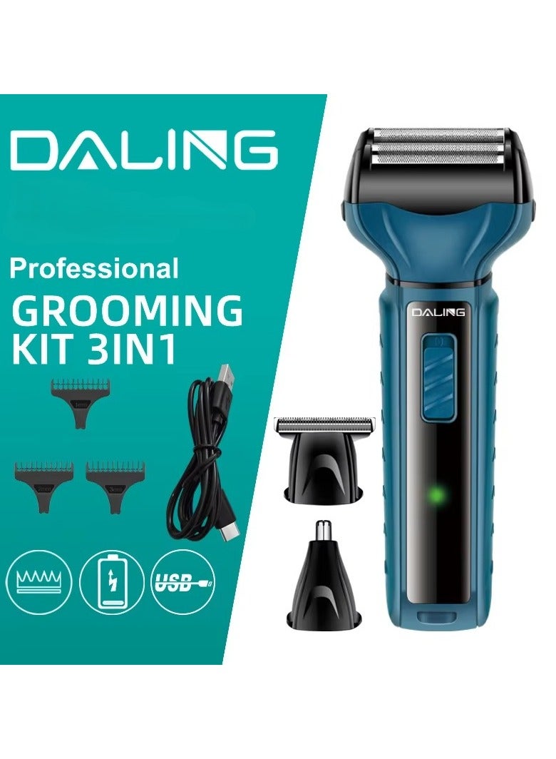 دالينغ طقم حلاقة 3 في 1 مع رأس حلاقة ورأس ماكينة قص الشعر ورأس لتشذيب الأنف، يشمل أمشاط 1مم و2مم و3مم، مجموعة عناية شخصية قابلة لإعادة الشحن - Image 2