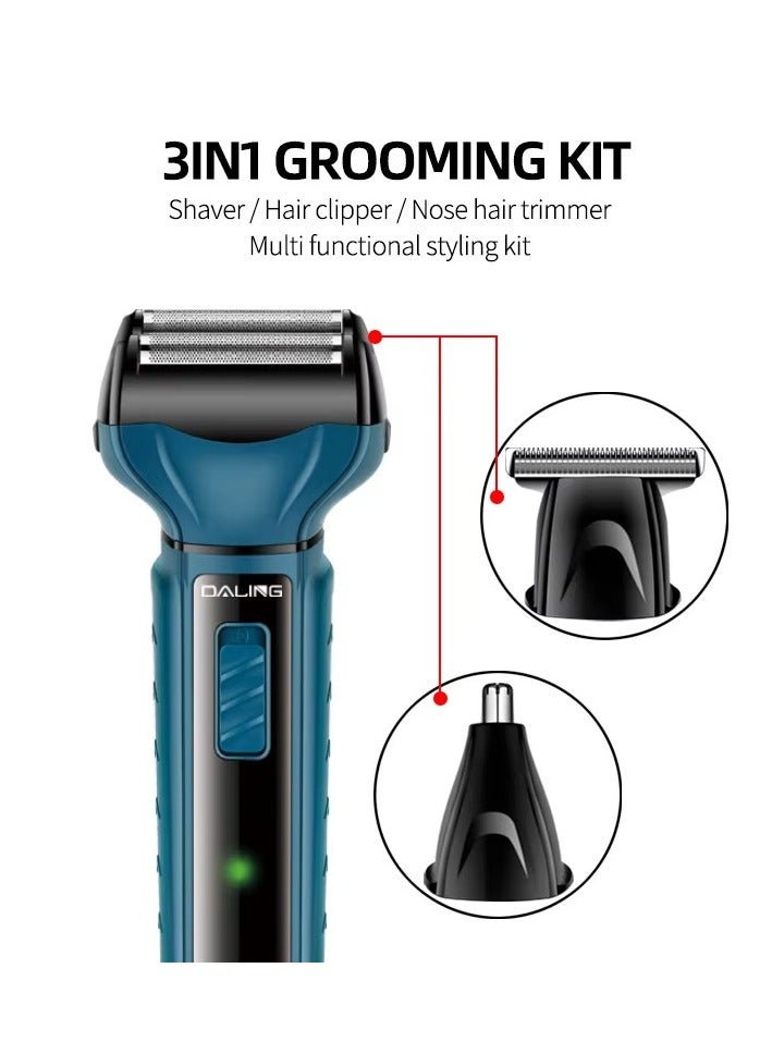دالينغ طقم حلاقة 3 في 1 مع رأس حلاقة ورأس ماكينة قص الشعر ورأس لتشذيب الأنف، يشمل أمشاط 1مم و2مم و3مم، مجموعة عناية شخصية قابلة لإعادة الشحن - Image 4