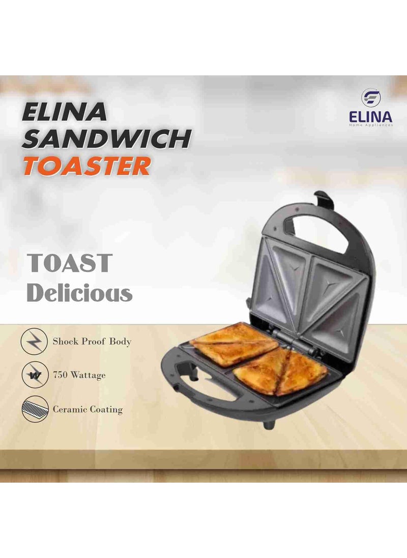 elina Elina 750W Sandwich Toaster Griller with Durable Die Cast Aluminum Plates Nonstick Coating Power Indicator Easy to Clean Compact Storage Buckle Clips Lock Black 1 year Toaster  - Image 3