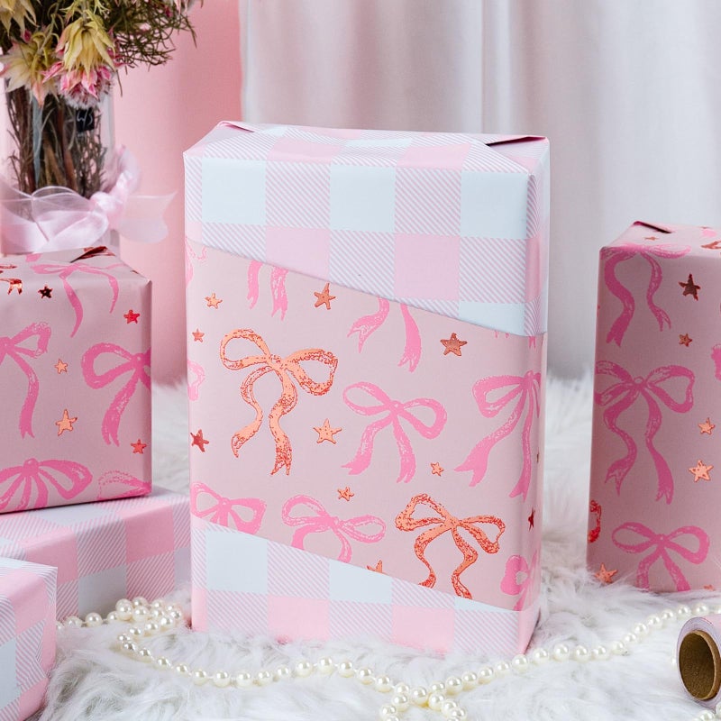 MAYPLUSS Pink Wrapping Paper Roll, Cute Bow Gift Wrap, Reversible Plaid Gift Paper for Girl Baby Shower, Birthday, Wedding 17 Inch x 33 Feet - Image 4