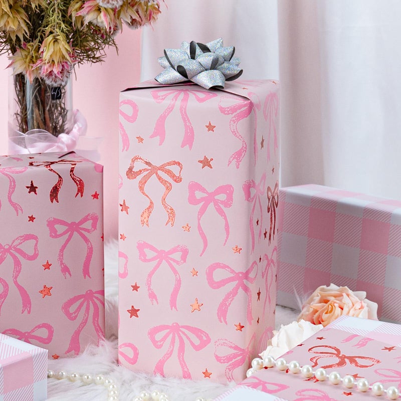MAYPLUSS Pink Wrapping Paper Roll, Cute Bow Gift Wrap, Reversible Plaid Gift Paper for Girl Baby Shower, Birthday, Wedding 17 Inch x 33 Feet - Image 2