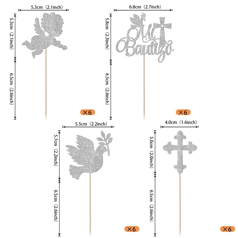 Rsstarxi 24 Pack Spanish Mi Bautizo Cupcake Toppers Cross Angel Dove Baptism Cupcake Picks Decorations for Religious God Bless Baby Shower Birthday Baptism Party Cake Decorations Silver - Image 2