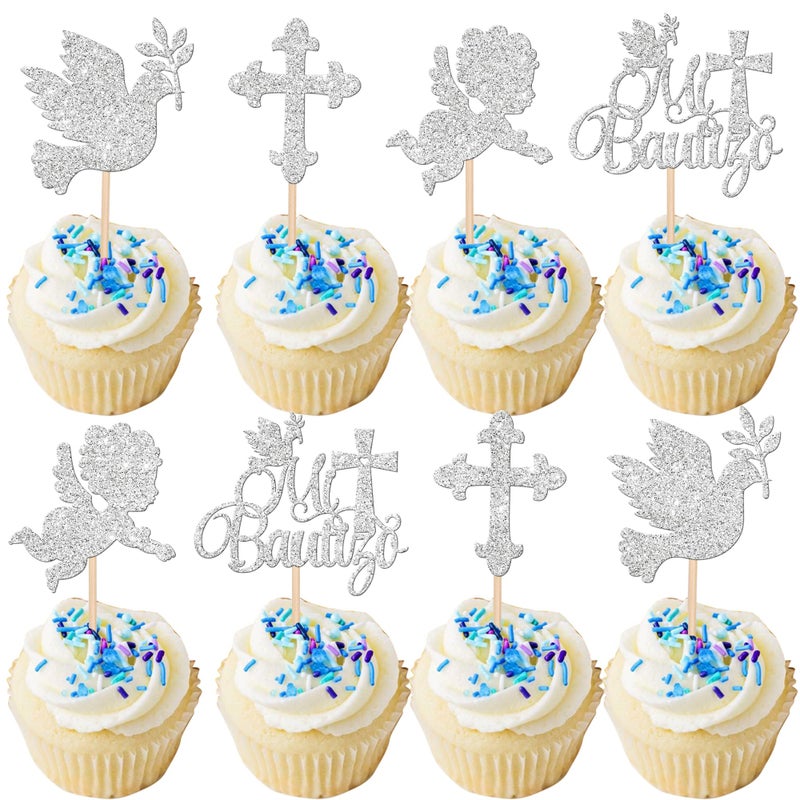 Rsstarxi 24 Pack Spanish Mi Bautizo Cupcake Toppers Cross Angel Dove Baptism Cupcake Picks Decorations for Religious God Bless Baby Shower Birthday Baptism Party Cake Decorations Silver - Image 1