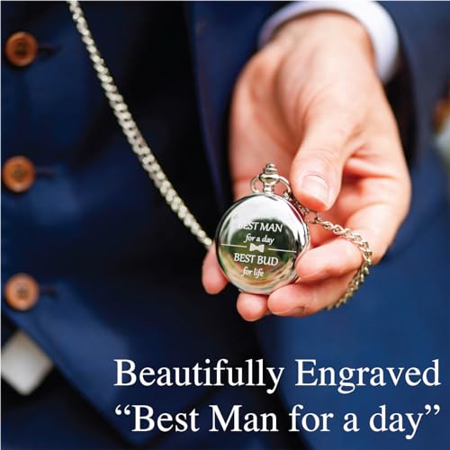 FJ FREDERICK JAMES - Best Man Gifts from Groom, Best Man Proposal Gift - Best Man for a Day Silver Pocket Watch I Best Man Gifts for Wedding I Will You Be My Best Man Gifts I Silver Etched - Image 3