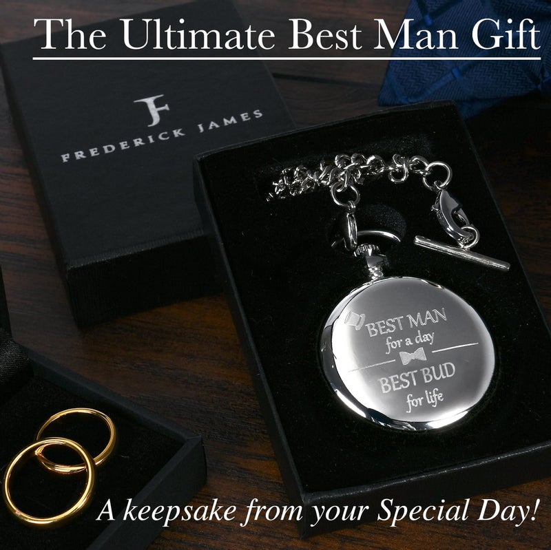 FJ FREDERICK JAMES - Best Man Gifts from Groom, Best Man Proposal Gift - Best Man for a Day Silver Pocket Watch I Best Man Gifts for Wedding I Will You Be My Best Man Gifts I Silver Etched - Image 2