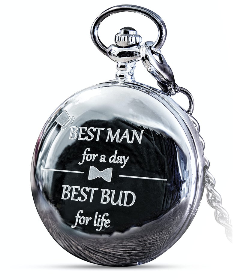 FJ FREDERICK JAMES - Best Man Gifts from Groom, Best Man Proposal Gift - Best Man for a Day Silver Pocket Watch I Best Man Gifts for Wedding I Will You Be My Best Man Gifts I Silver Etched - Image 1