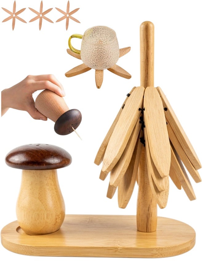 Wooden Trivets for Hot Dishes Tree Shape Trivet Set with 3 Beech Wood Foldable Heat Resistant Pads and Vertical Stand Holder Including Mushroom Shape Toothpick Holder for Kitchen Dining Table Decor Rustic Wooden Hot Pot Holder for Bowls Teapots Pans and Hot Plates Countertop Protector and Kitchen Organizer Gift Set - Image 1