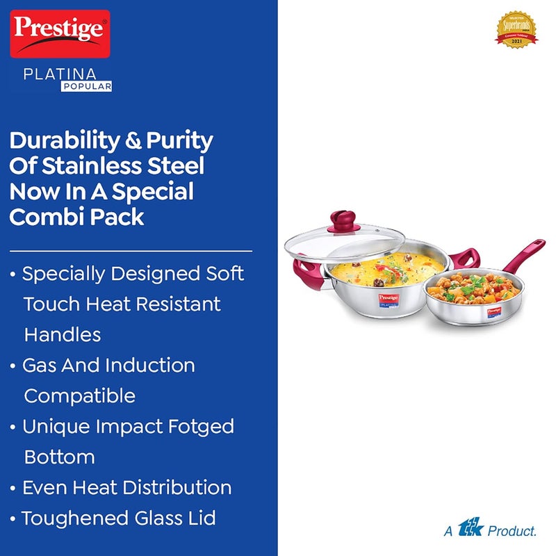 Prestige Stainless Steel Platina Popular Gas Compatible Fry Pan, 24 Cm (2.25 L) + Platina Popular Kadai with Glass Lid, 24 Cm (2.8 L) Kitchen Set Silver - Image 3