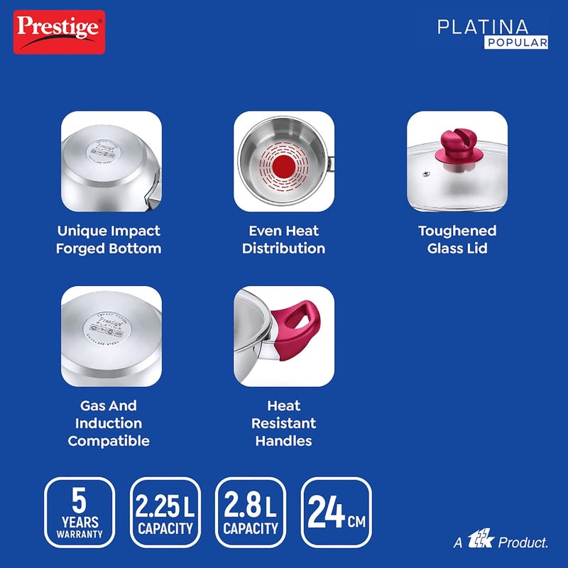 Prestige Stainless Steel Platina Popular Gas Compatible Fry Pan, 24 Cm (2.25 L) + Platina Popular Kadai with Glass Lid, 24 Cm (2.8 L) Kitchen Set Silver - Image 4