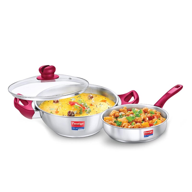Prestige Stainless Steel Platina Popular Gas Compatible Fry Pan, 24 Cm (2.25 L) + Platina Popular Kadai with Glass Lid, 24 Cm (2.8 L) Kitchen Set Silver - Image 1
