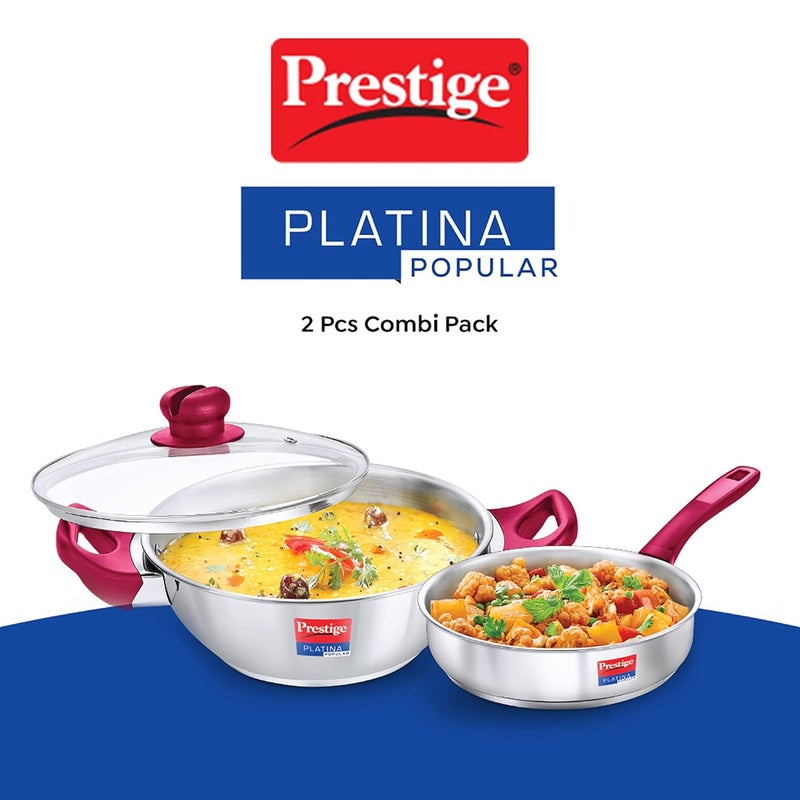 Prestige Stainless Steel Platina Popular Gas Compatible Fry Pan, 24 Cm (2.25 L) + Platina Popular Kadai with Glass Lid, 24 Cm (2.8 L) Kitchen Set Silver - Image 5