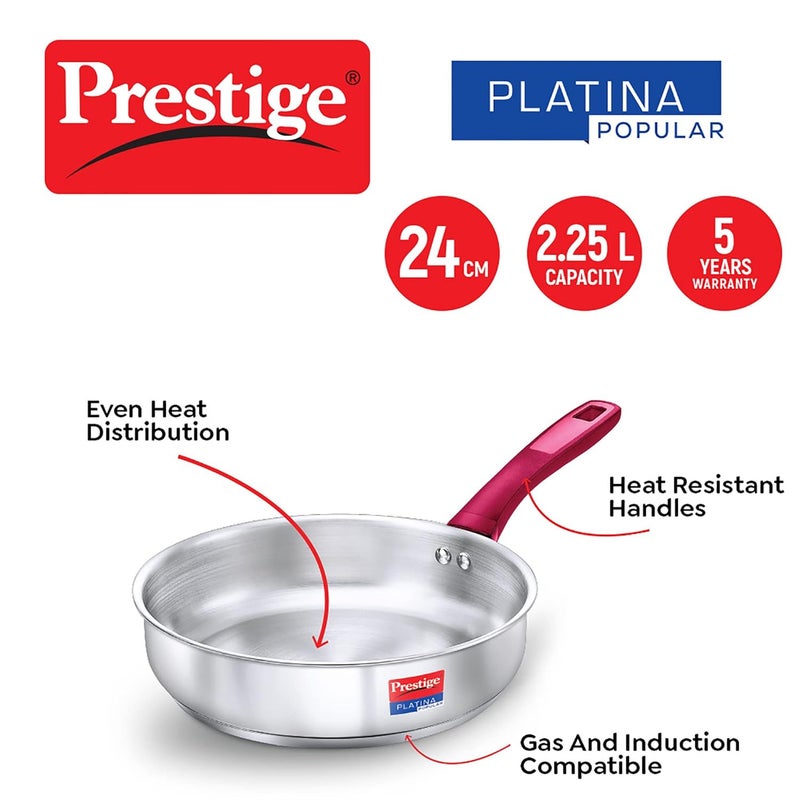 Prestige Stainless Steel Platina Popular Gas Compatible Fry Pan, 24 Cm (2.25 L) + Platina Popular Kadai with Glass Lid, 24 Cm (2.8 L) Kitchen Set Silver - Image 2