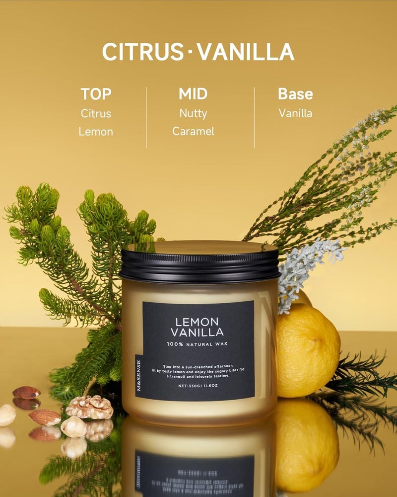 M&SENSE Lemon Vanilla Scented Soy Candles, 11.6oz, 70 Hour Burn Time, 2 Wick, Stress Relief Gifts - Image 2