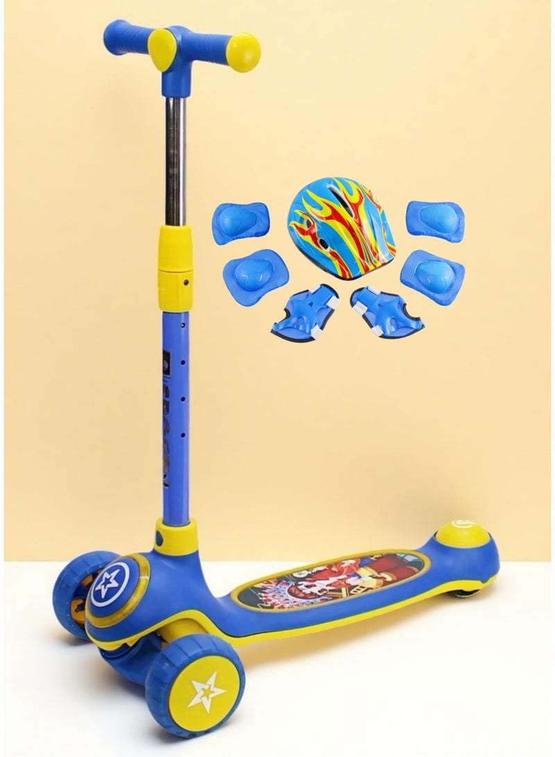 إيزي فيتشور سكوتر EASY FUTURE القابل للطي للأطفال بمقبض قابل لضبط الارتفاع، وعجلات LED PU، وفرامل خلفية وموسيقى - مثالي للأعمار من 3 إلى 8 سنوات بما في ذلك مجموعة معدات الحماية الكاملة - Image 1