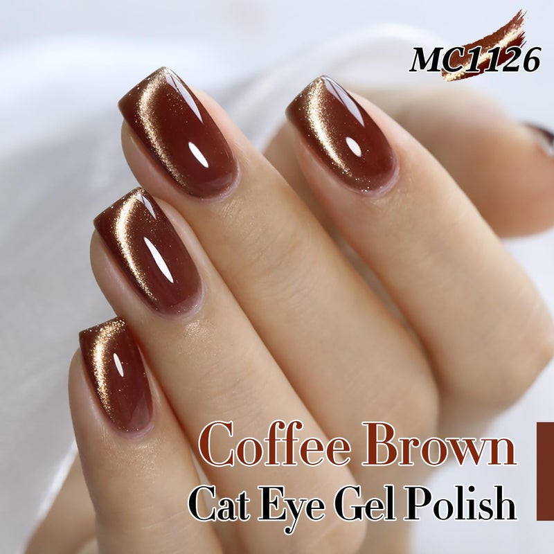 Double Rhythm 15ML Ice Glass Cat Eye Gel Polish with Magnet Holographic Glitter Shimmer Translucent Sheer Color Salon Soak Off Magnetic Nail at Home (Coffee Brown-MC1126) - Image 2