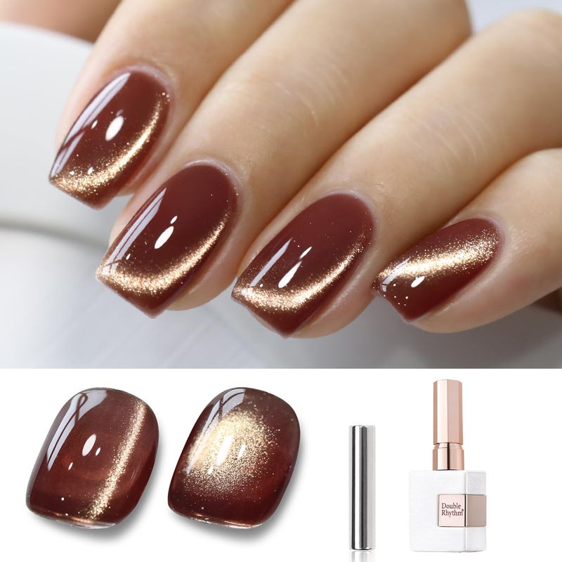 Double Rhythm 15ML Ice Glass Cat Eye Gel Polish with Magnet Holographic Glitter Shimmer Translucent Sheer Color Salon Soak Off Magnetic Nail at Home (Coffee Brown-MC1126) - Image 1