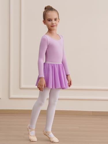 WEGETIT Long Sleeve Girls Leotard Gymnastics Leotards for Girls Ballet Dance Dresses with Skirt (Light Purple,4-6 Years) - Image 3