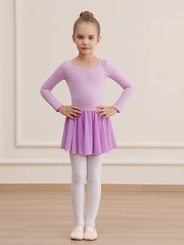 WEGETIT Long Sleeve Girls Leotard Gymnastics Leotards for Girls Ballet Dance Dresses with Skirt (Light Purple,4-6 Years) - Image 2