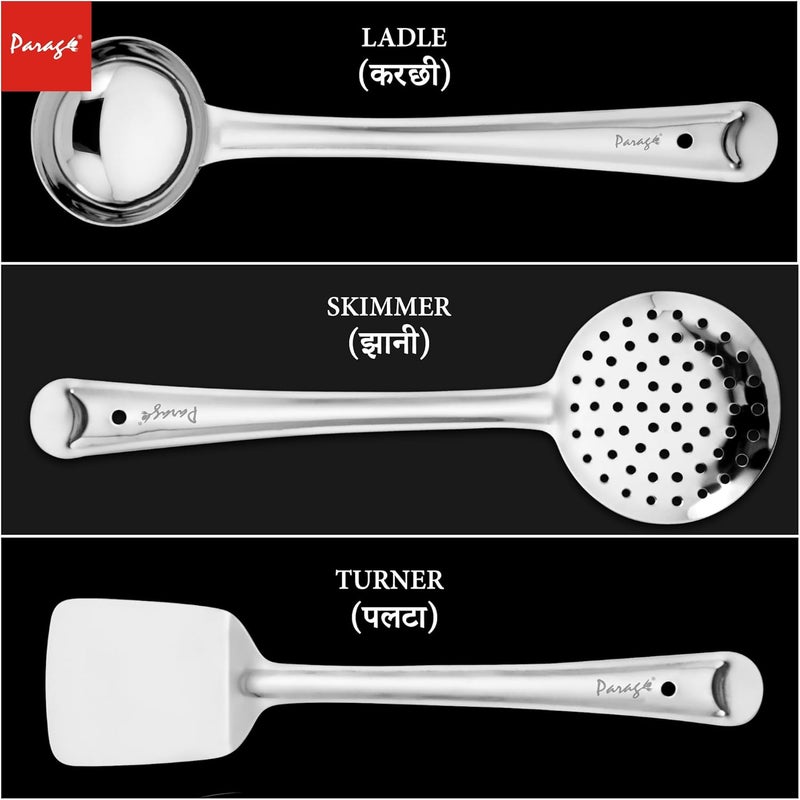Parage Parage 3 Pieces Stainless Steel Kitchen Tools Set for Cooking and Serving Pack of 3 Ladle Karachhi Skimmer Jhara TurnerSpatula Palta Silver Size 32 cms 335 cms 345 cms - Image 3