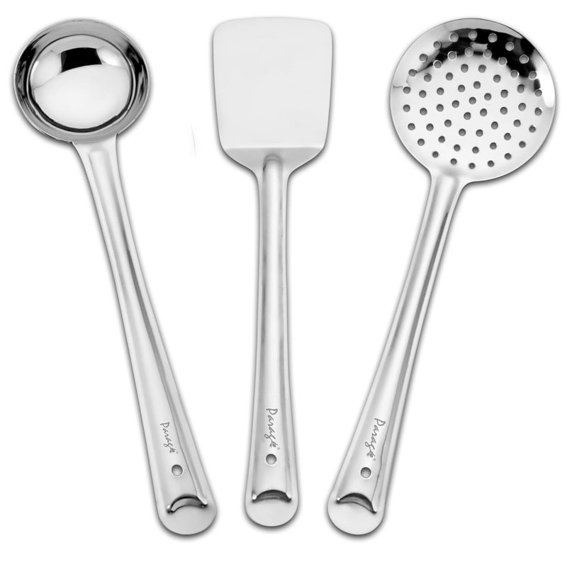 Parage Parage 3 Pieces Stainless Steel Kitchen Tools Set for Cooking and Serving Pack of 3 Ladle Karachhi Skimmer Jhara TurnerSpatula Palta Silver Size 32 cms 335 cms 345 cms - Image 1