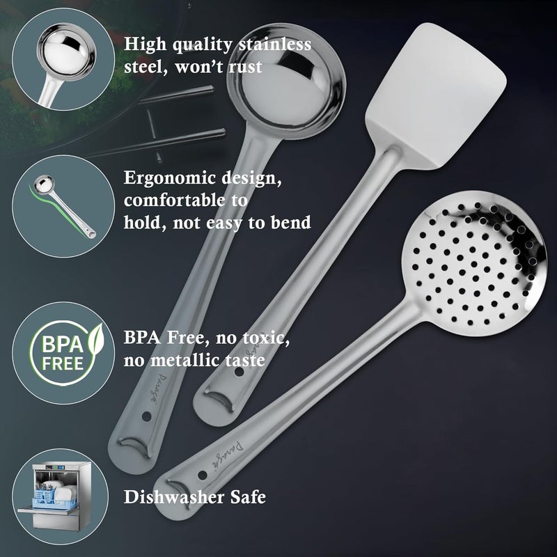 Parage Parage 3 Pieces Stainless Steel Kitchen Tools Set for Cooking and Serving Pack of 3 Ladle Karachhi Skimmer Jhara TurnerSpatula Palta Silver Size 32 cms 335 cms 345 cms - Image 5