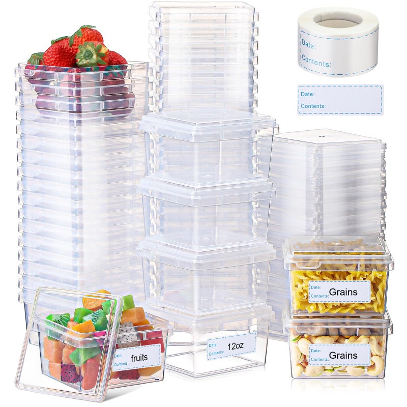 Blushtier 12 oz 50 Pack Small Square Deli Containers with Lids Plastic Freezer Food Reusable Meal Dessert Ice Cream Containers with Labels for Takeout Meal Storage Microwave Freezer Safe(Clear,) - Image 1