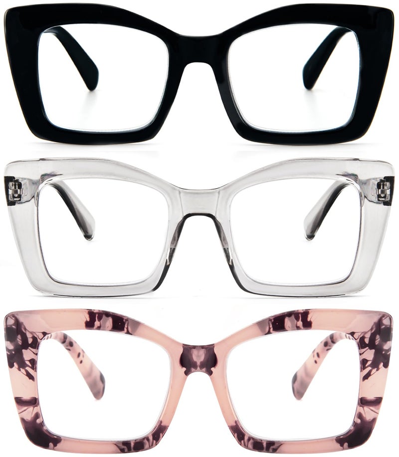 REAVEE 3 Pack Oversized Square Reading Glasses Oprah Style for Women Blue Light Blocking Large Frame Computer Designer Fashion Readers with Spring Hinge BlackPink TortoisGrey175