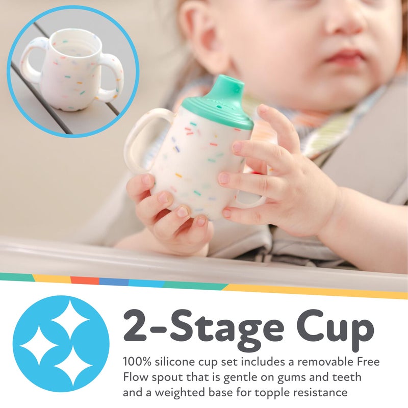 Nuby First Training Cup - Silicone Cup with Free-Flow Spout and Easy-Grip Design - 2 oz - 6+ Months - Coral and Sprinkles - Image 2