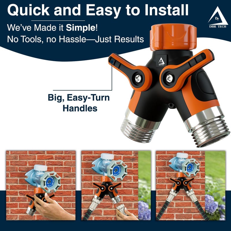 DBR Tech ® Hose Splitter 2 Way, Heavy Duty Metal Connector, Two Way Garden Hose Splitter, High Flow Spigot Faucet Bib Adapter, Solid Double Y Shut Off Valve for Outdoor Gardening Hoses, Orange - Image 3