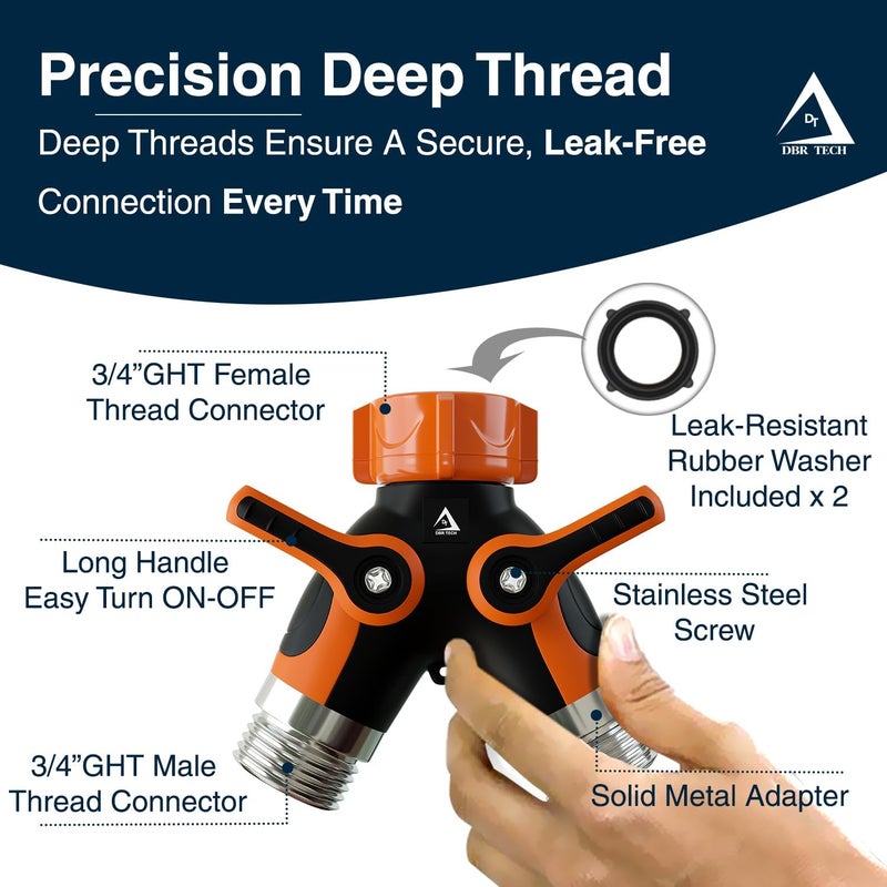 DBR Tech ® Hose Splitter 2 Way, Heavy Duty Metal Connector, Two Way Garden Hose Splitter, High Flow Spigot Faucet Bib Adapter, Solid Double Y Shut Off Valve for Outdoor Gardening Hoses, Orange - Image 4