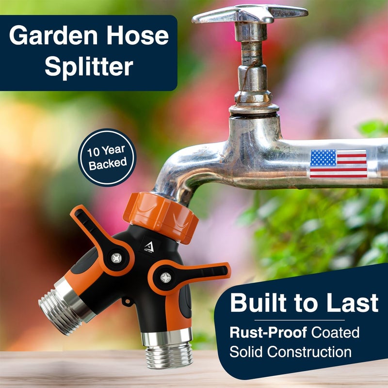 DBR Tech ® Hose Splitter 2 Way, Heavy Duty Metal Connector, Two Way Garden Hose Splitter, High Flow Spigot Faucet Bib Adapter, Solid Double Y Shut Off Valve for Outdoor Gardening Hoses, Orange - Image 2