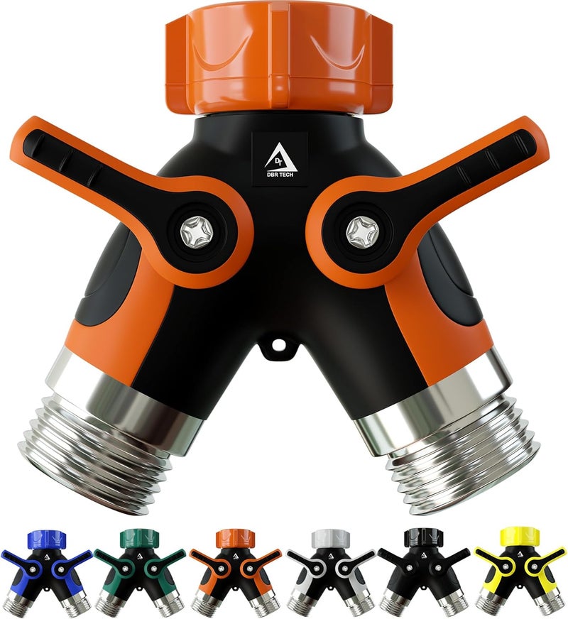 DBR Tech ® Hose Splitter 2 Way, Heavy Duty Metal Connector, Two Way Garden Hose Splitter, High Flow Spigot Faucet Bib Adapter, Solid Double Y Shut Off Valve for Outdoor Gardening Hoses, Orange - Image 1