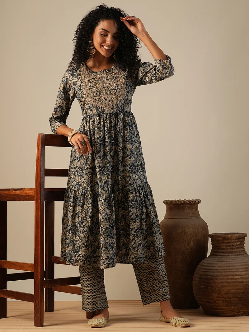 globus Women Embroidered Yoke Floral Print A-Line Kurta With Chevron Print Pants Workwear Set