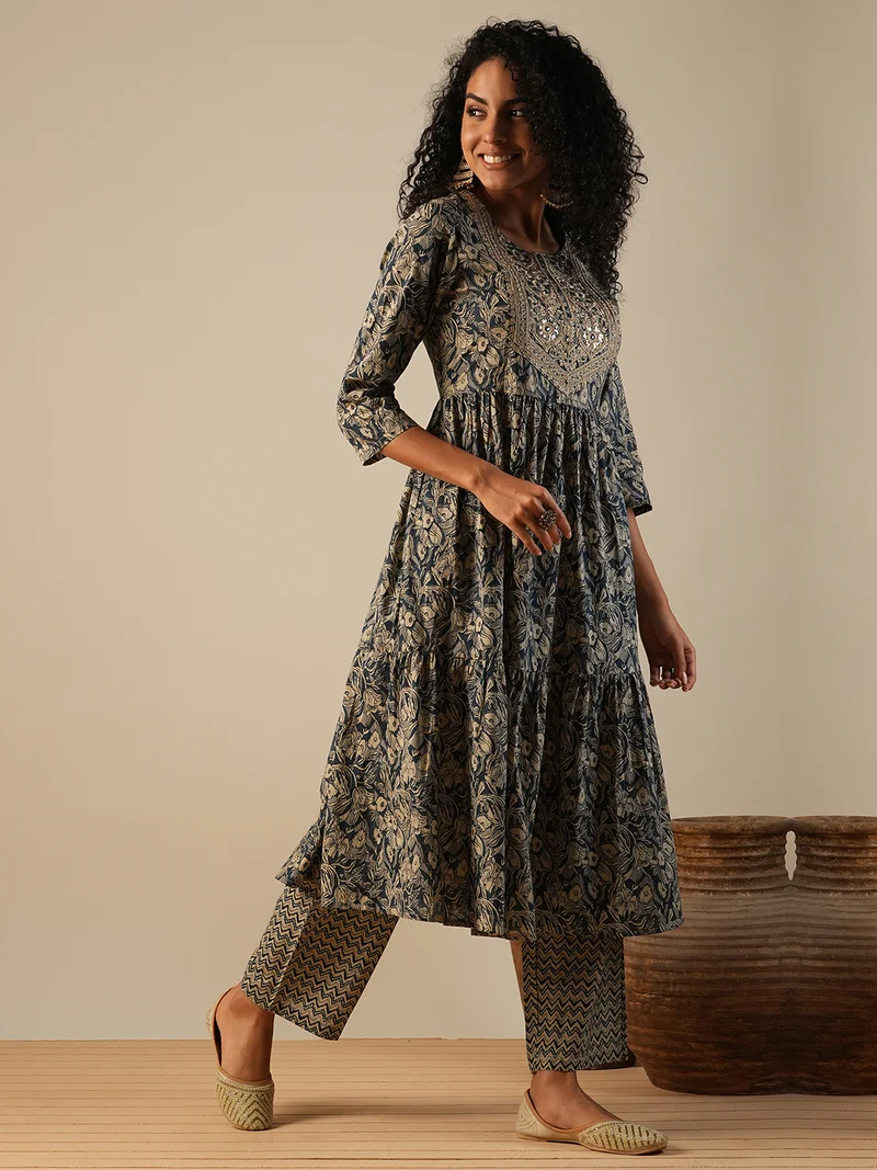globus Women Embroidered Yoke Floral Print A-Line Kurta With Chevron Print Pants Workwear Set