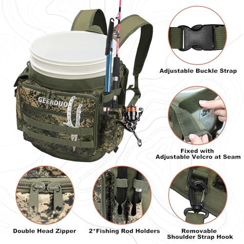 GeerDuo Fishing Bucket Backpack with Rod Plier Holder and Pockets for Fishing Hunting Apple Picking for 5 Gallon Bucket Camo - Image 3