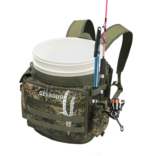 GeerDuo Fishing Bucket Backpack with Rod Plier Holder and Pockets for Fishing Hunting Apple Picking for 5 Gallon Bucket Camo - Image 1
