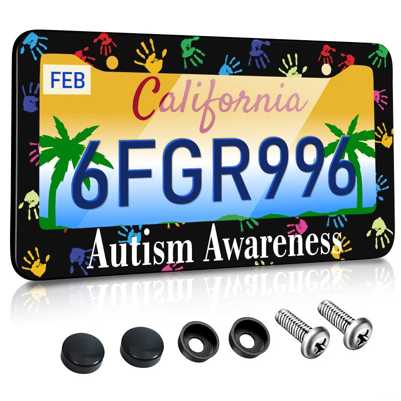 Toykee License Plate Frames for Women Autism Awareness Car Plate Holder Cover Color Puzzle Palms Metal Tag Frame Stainless Steel Car Accessories Front Rear Plate Decor - Image 3
