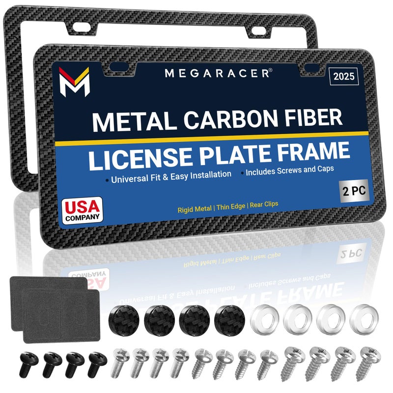 Mega Racer Premium Slim Carbon Fiber Design License Plate Frames â€“ 2 Pack, Rust-Free Stainless Steel & Rattle-Free, Street Legal, Universal with Screw Caps, Thin Metal Front & Rear Car Tag Holders for Men - Image 1