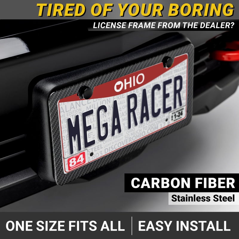 Mega Racer Premium Slim Carbon Fiber Design License Plate Frames â€“ 2 Pack, Rust-Free Stainless Steel & Rattle-Free, Street Legal, Universal with Screw Caps, Thin Metal Front & Rear Car Tag Holders for Men - Image 2