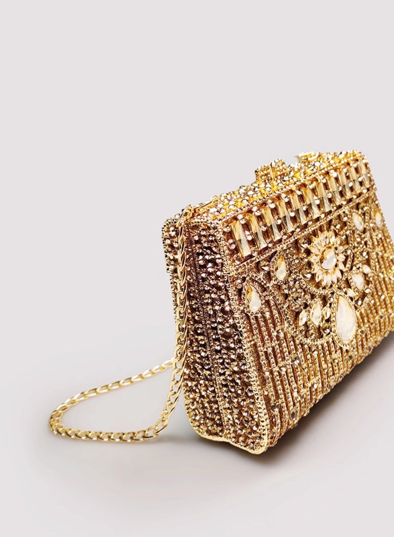 Luxury Gold Hollow Out Flower Inlaid Crystal Gemstone Evening Bag Party Bag Clutch Handbag  - Image 5