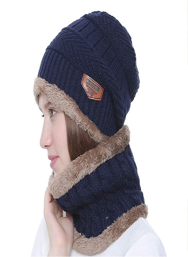 Malvina 2Pcs Women's Winter Knitted Hats+ Scarf Set|Warm Fleece Lining Cap with Neckwarmer (Blue, Freesize) - Image 3