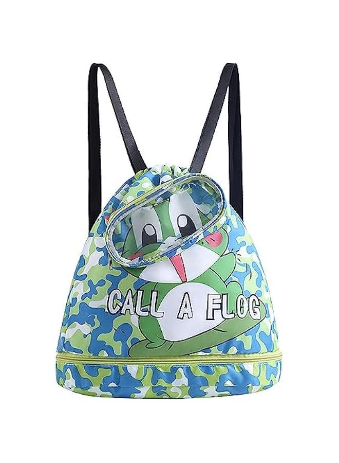 Green Frog Swim Bags for Swimmers Dry Wet Separated Drawstring Gym Swim Bag Waterproof Beach Backpack for Women Men Camping Hiking Shopping Swimming Dance Travel With Shoe Compartments - Image 1