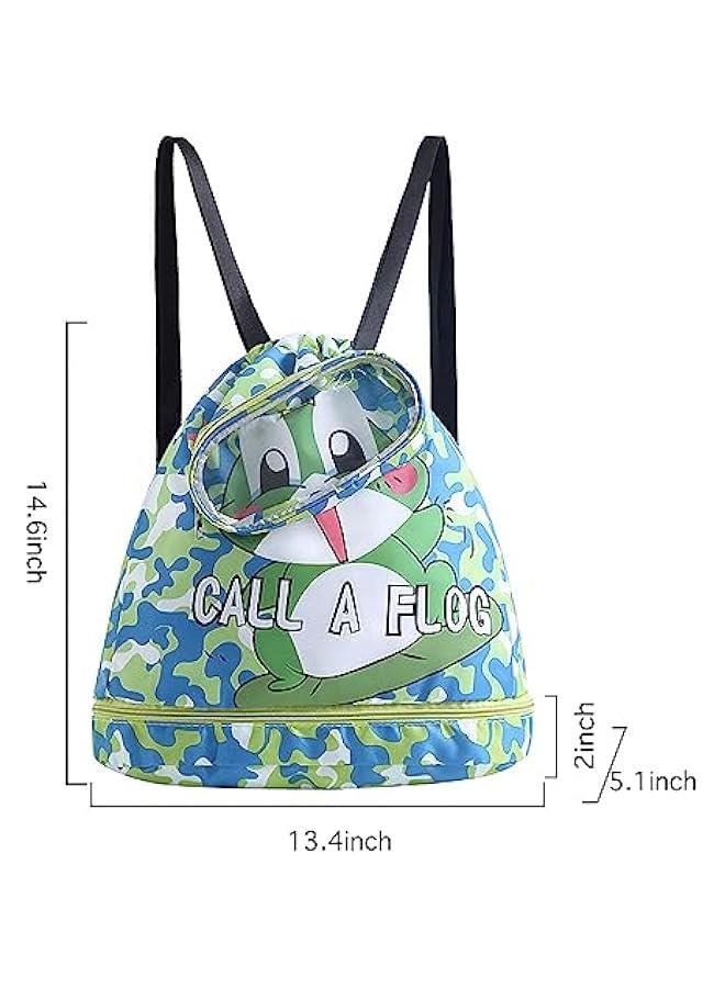Green Frog Swim Bags for Swimmers Dry Wet Separated Drawstring Gym Swim Bag Waterproof Beach Backpack for Women Men Camping Hiking Shopping Swimming Dance Travel With Shoe Compartments - Image 2