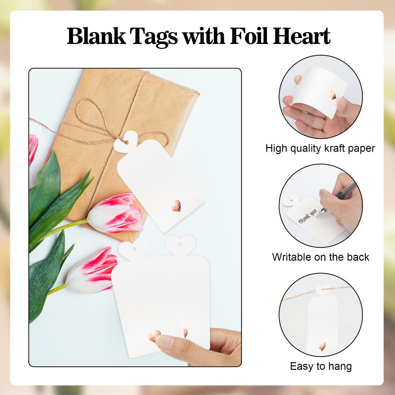 joycraft 100pcs Blank Gift Tags with String, 4x2 in White Paper Tags with Foil Rose Gold Heart, Personalized Gift Wrapping Labels for Birthday, Baby Shower, Wedding, Valentine's Day - Image 3